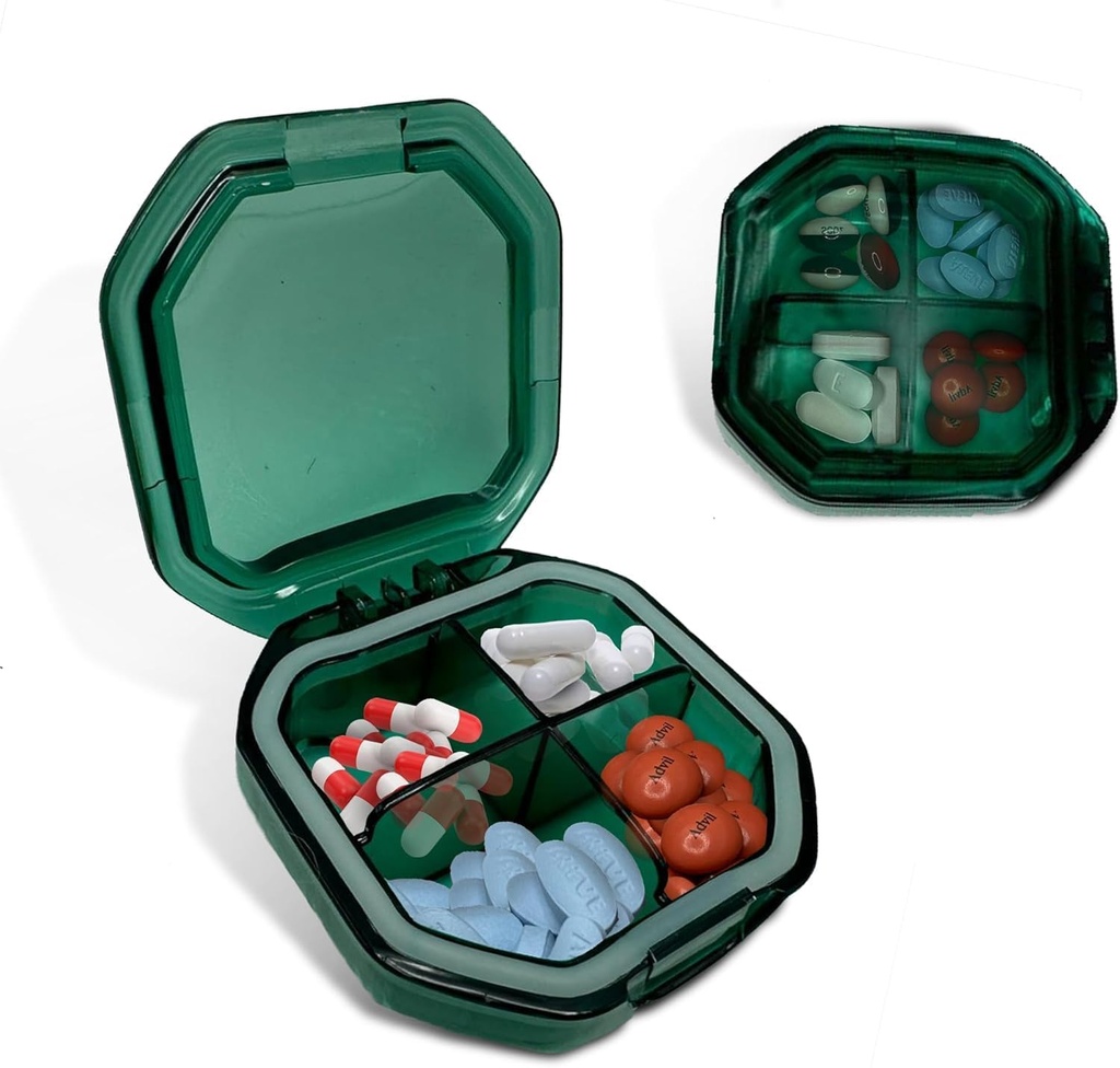 Travel Pill Organizators - Izturīgs, ūdensnecaurlaidīgs Pill Case Travel Izmērs ar 4 iecirkņiem - Compact Pill Travel Case for Vitamīni, Piederumi, Medicīna - Travel Pill Container for Purse (zaļš)