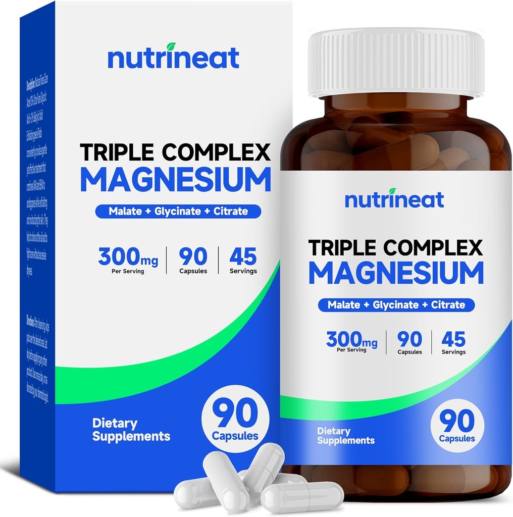 Trīskāršs magnija komplekss (90 kapsulas), 300 mg magnija glicināts, citrāts un malāts muskuļiem, nerviem, enerģijai, augstai absorbcijai, vegānam, ne-ĢMO