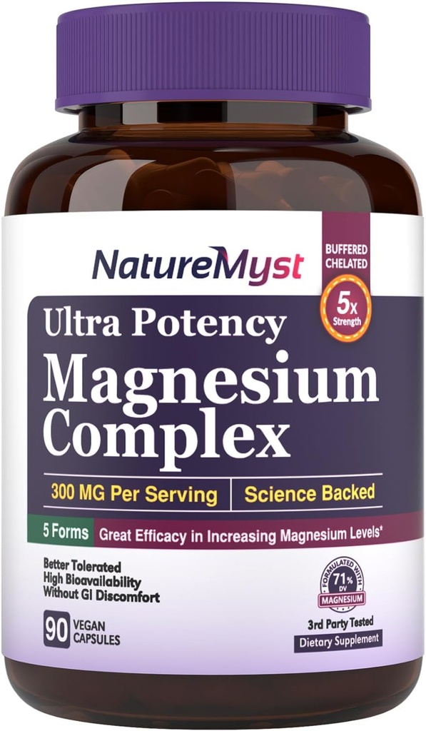 Magnija komplekss, 300 mg Elementārais magnijs, glicināts, citrāts, malāts, augsts potences līmenis, labāka uzsūkšanās, muskuļu, nervu, sirds, miega, aizcietējuma un citiem, 90 Vegan Caps