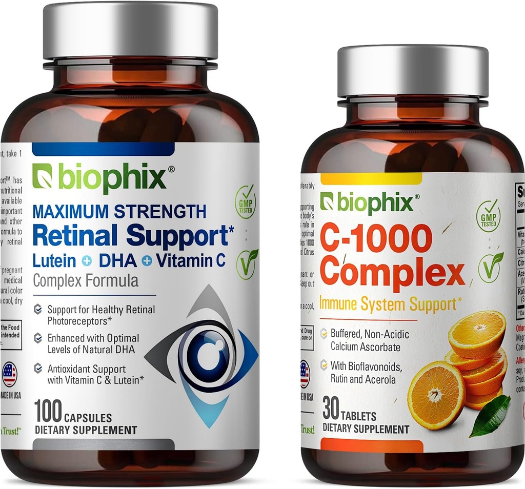 Biophix Retinal Support Maximum Strength Complex Formula 100 Kapsulas - Bezmaksas C- 1000 30 tabletes - Cinka vitamīns C E Luteīns DHA Omega 3 Astaksantīns Hialuronskābe - atbalsta acu redzes veselību