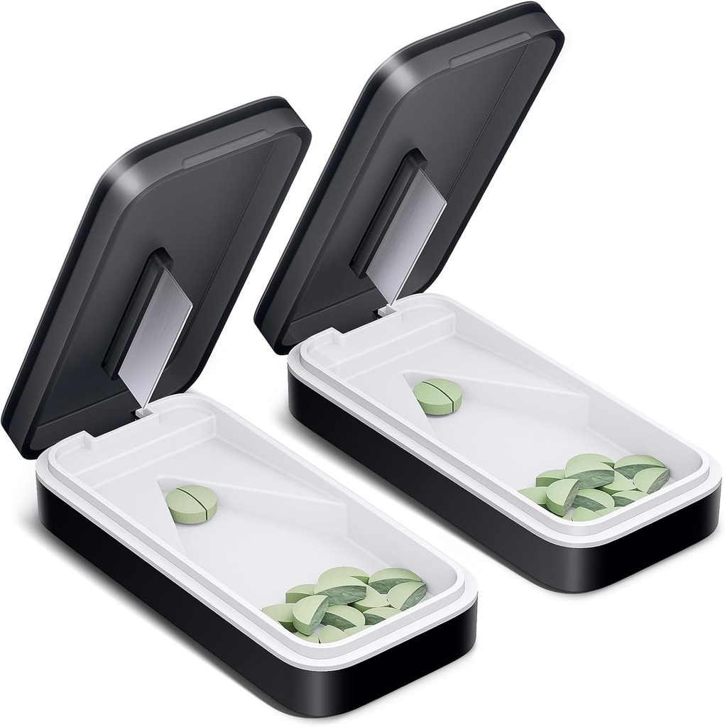 VIENS PIX Pill Cutter 2 Iepakojums, Pill Splitter ar Nerūsējošā tērauda asmeni, Pill Cutter Splitter mazajām un mazajām cilpiņām ar V-veida dizainu, Pill Cutters mazām vai lielām cilpām Professional (Black 01)