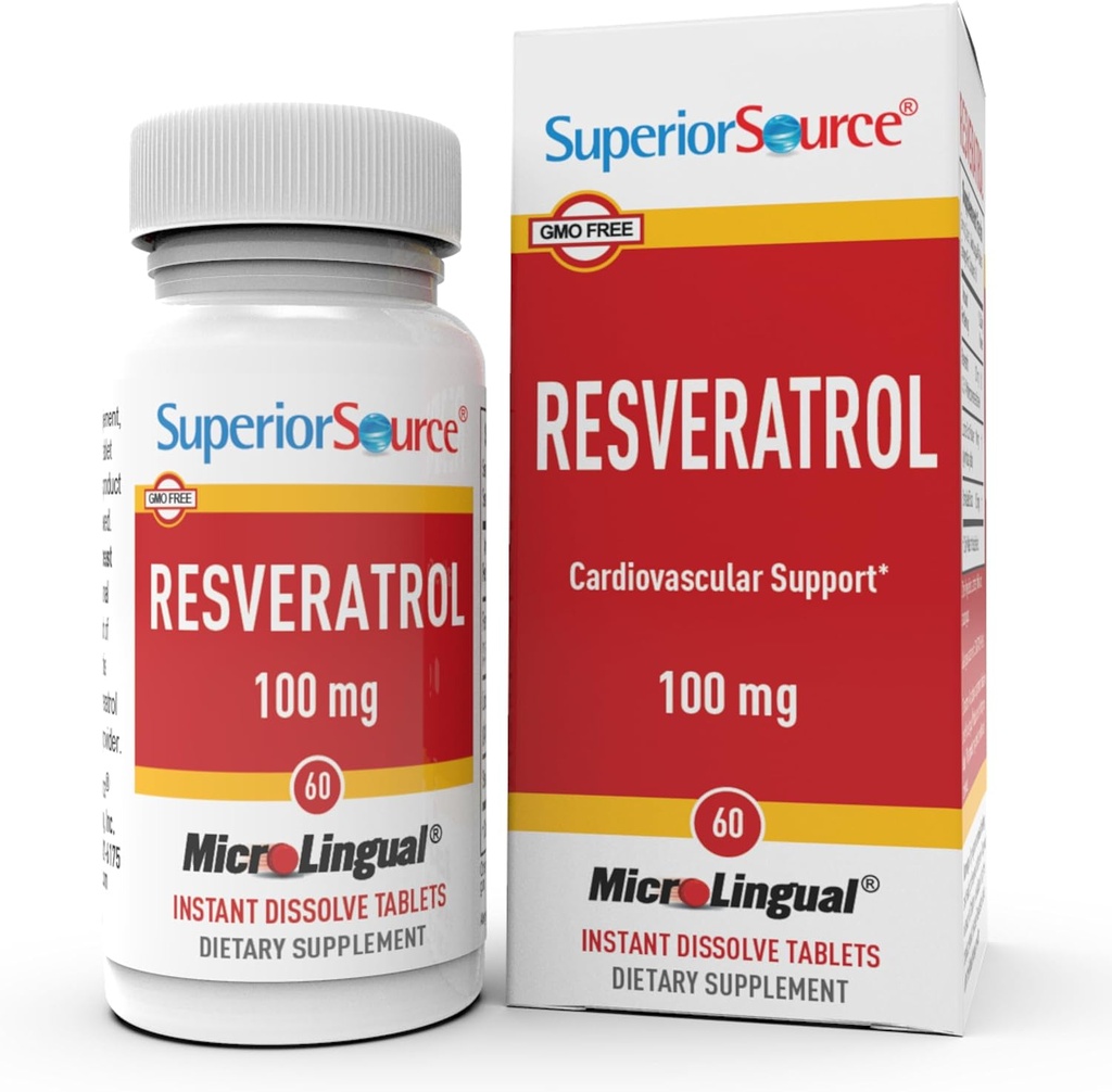 Superior Source Resveratrol 100 mg - Uztura papildinājums veselīgai novecošanai - Atbalsta smadzeņu un sirds veselību - bez GMO un lipekļa - 60 Mikrolignālās Instant-Dissolve tabletes