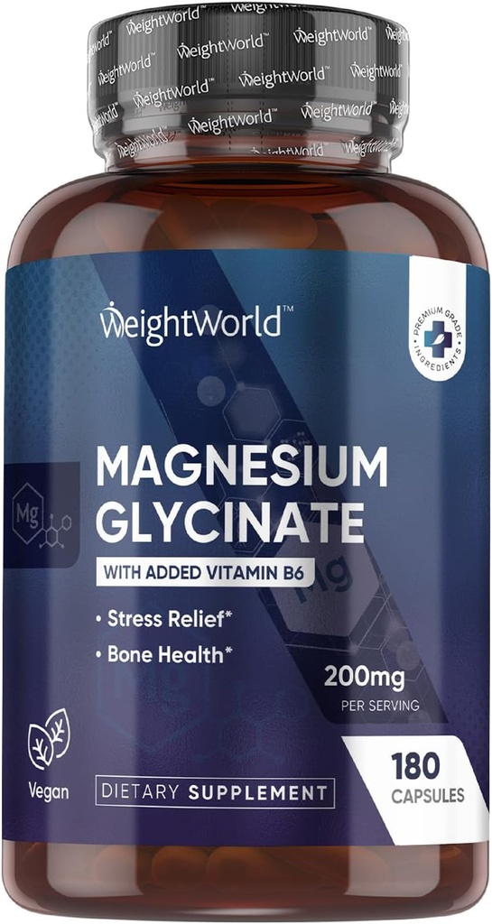 SvarsPasaules magnija glicināta kapsulas 200 mg - 180 kapsulas (3 mēneši) ar vitamīnu B6 - Biopieejamās magnija glicināta piedevas - trešās puses testētas, vegans, ne-GMO, un bez alerģiju