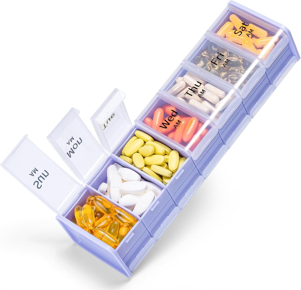 Extra Large Weekly Pill organizators 2 reizes dienā - Betife 7 Day Pill Box, AM PM Pill Case with Double Layer Jumbo Iedalījums tabletes, vitamīns, zivju eļļa, papildinājumi (Puple / White)