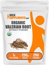 BulkSupplements.com Organic Valerian Extract Powder - Avots no Valerian Root, Herbal Papildinājums - bez lipekļa, 1g per Serving, 250g (8.8 oz) (iepakojums no 1)