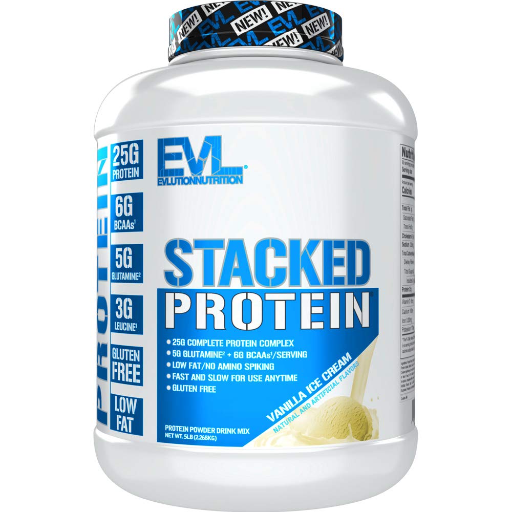 Evlution Nutrition Stacked Protein Protein Pulveris ar 25 Grams olbaltumvielu, 6 Grams BCAAs un 5g Glutamīna (Vanilla Ice Cream, 5 LB)