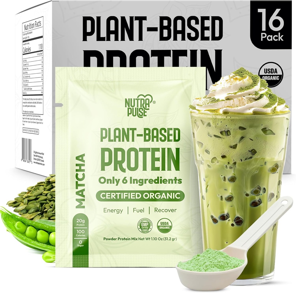 Matcha Vegāna proteīna pulvera parauga iepakojums – 20g Organisks augu bāzes proteīns – bez GMO, bez lipekļa, bez sojas un bez skābeņa – gluds un kratīt gatavs – viegli digest – 16 viendienītes – Izmēģiniet visus 16!