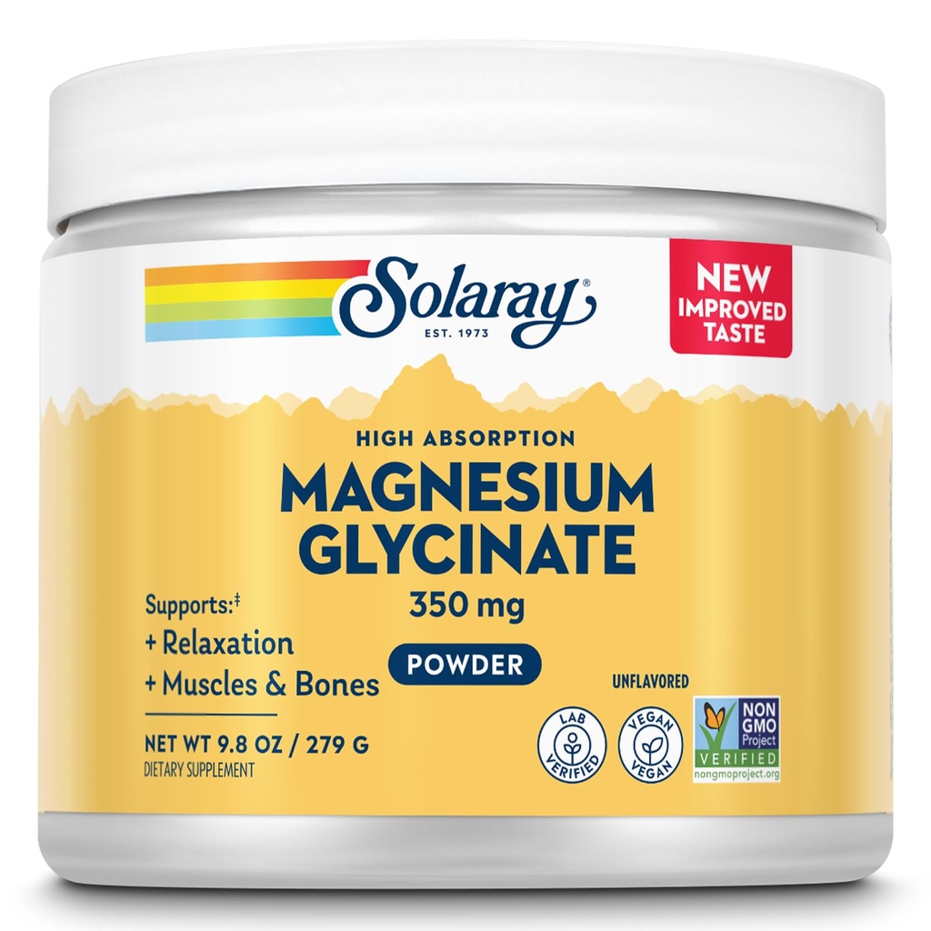 SOLARAY Magnija Glicināta pulveris 350 mg - Neuzliesmojošs magnija pulveris - Magnija papildinājums kaulu, muskuļu un relaksācijas atbalstam - Vegan, ne-GMO, 60 dienu garantija - 50 Servējumi, 6 OZ