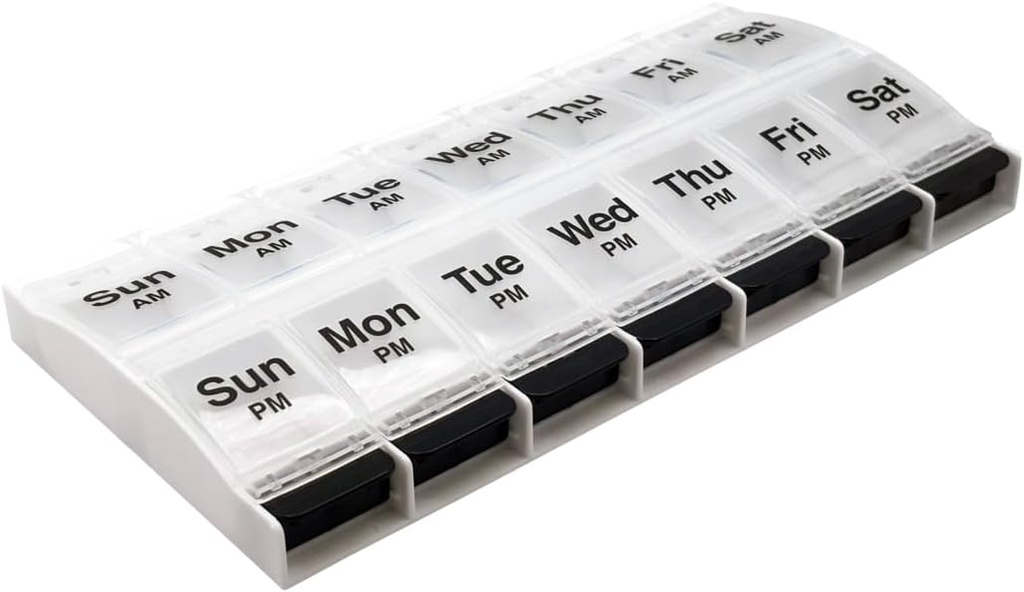 EZY DOSE Push Poga (7 dienu) Pill Case, Medicine Planner, Vitamīnu organizators, 2 reizes dienā, AM/PM Konteiners, X-liels Iedalījumi, Artrīts Friendly, Viegli lietot, Skaidras Lids, Skaidrs / Melns, BPA bez