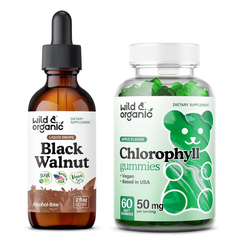 Savvaļas un bioloģiskie melnie valrieksti Tincture 2 fl oz & Chlorophyll Gumies 60 Count