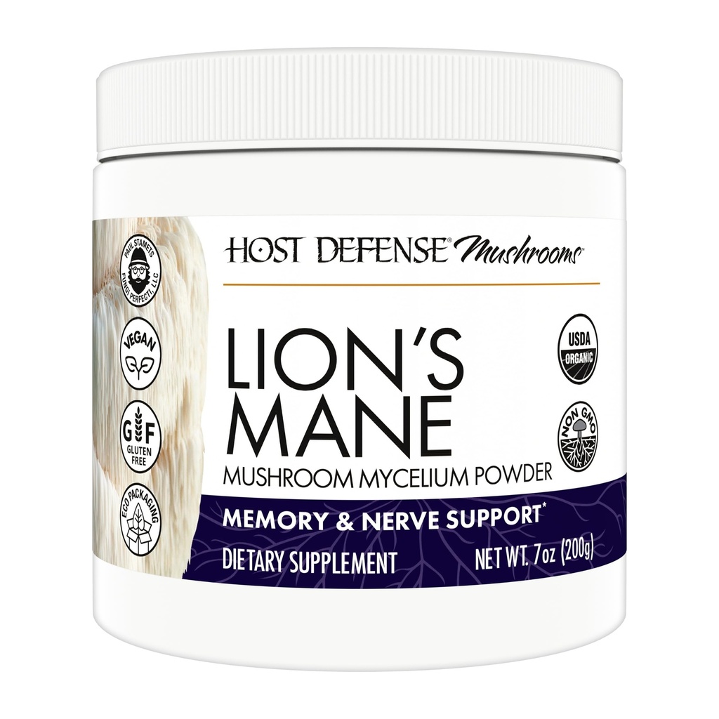 Host Defense Lion's Mane pulveris - Smadzeņu veselības atbalsta papildinājums - Sēnes papildinājums, lai atbalstītu Fokusa un atmiņas funkcija - Imūnās un nervu sistēmas atbalsta papildinājums - 7 oz (133 Servings)*