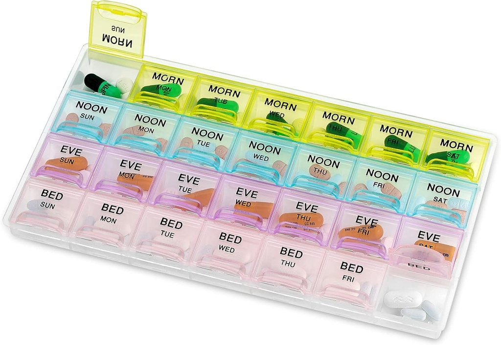 Pill organizētājs - liels Pill organizētājs ar Weekly un Daily 4-Times-A-Day nodalījumi rīta, pusdienlaika, vakara, nakts - BPA-free, Portable and Travel Friendly Pill Boxs Case