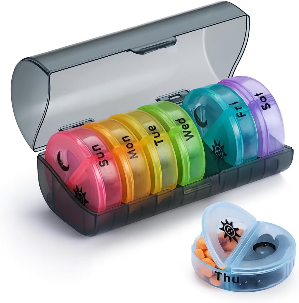 VIGOR PATH 7-Day Pill organizētājs ar diviem iecirkņiem dienā, Ideāli piemērots tabletes / Vitamīni / Zivju eļļa / uztura bagātinātāju uzglabāšana, BPA-free un viegli tīrs (melns - krāsains)