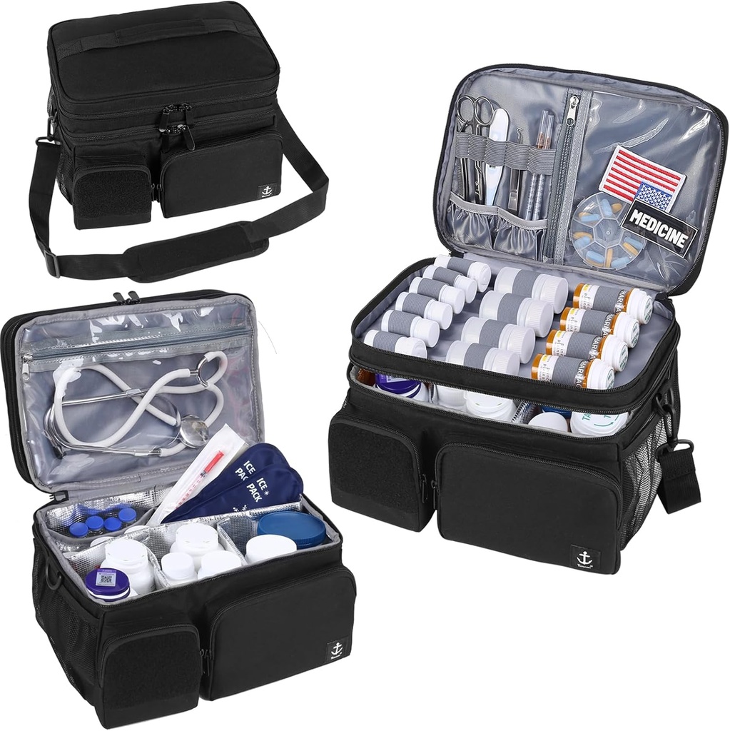 Double Layers Medicine Bag ar izolētu iecirkni Pill pudele organizētājs ar slēdzamu rāvējslēdzēju,Ceļot medicīna organizētājs ar Soft plecu Straps par Pill pudeles, medicīnas piederumi