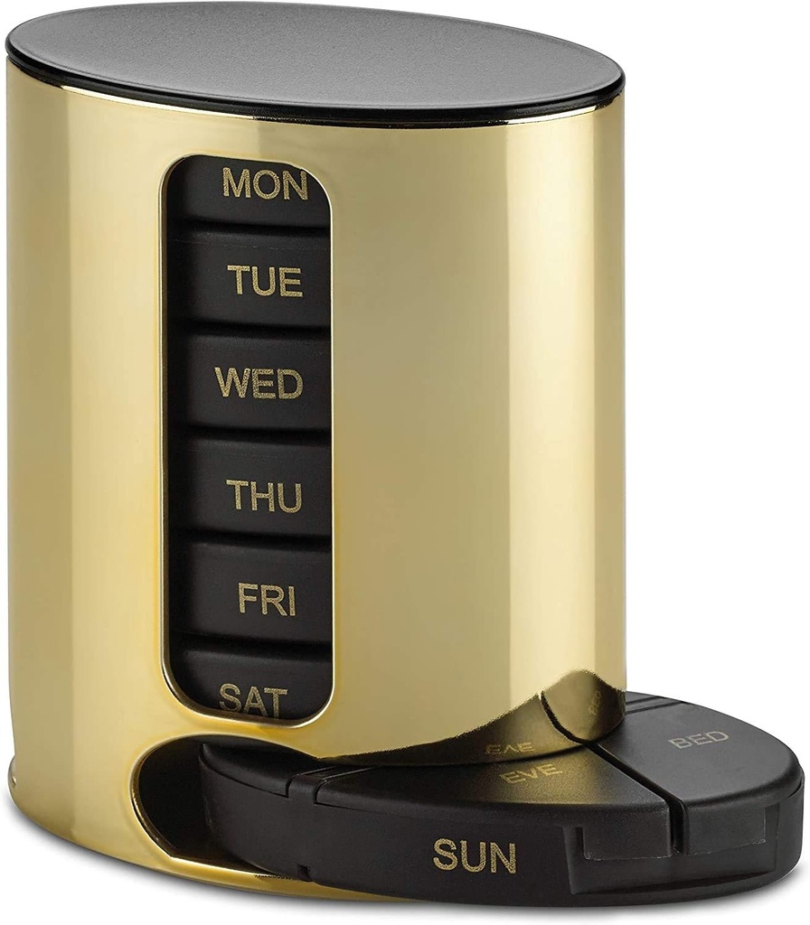 Daily Pill organizētājs - (4 reizes dienā) Stackable Medicinal Reminder - Premium Weekly AM/PM Pill Box with 7 Daily Stackable Trays and Medicine Organizators vitamīnu, zivju eļļas un piedevas, Gold