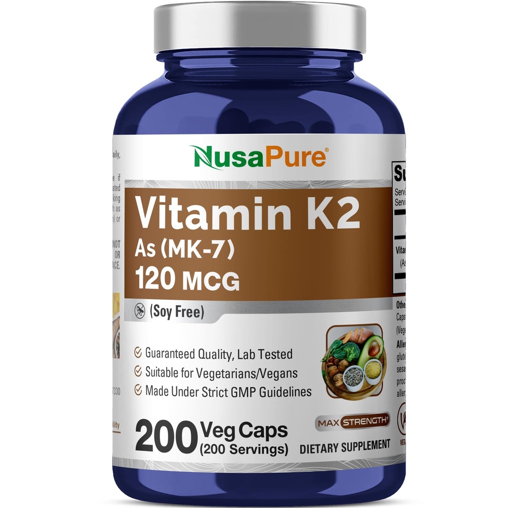 NusaPure K2 vitamīns MK7 120 μg 200 Veggie vāciņi (bez sojas, ne- GMO, vegans)