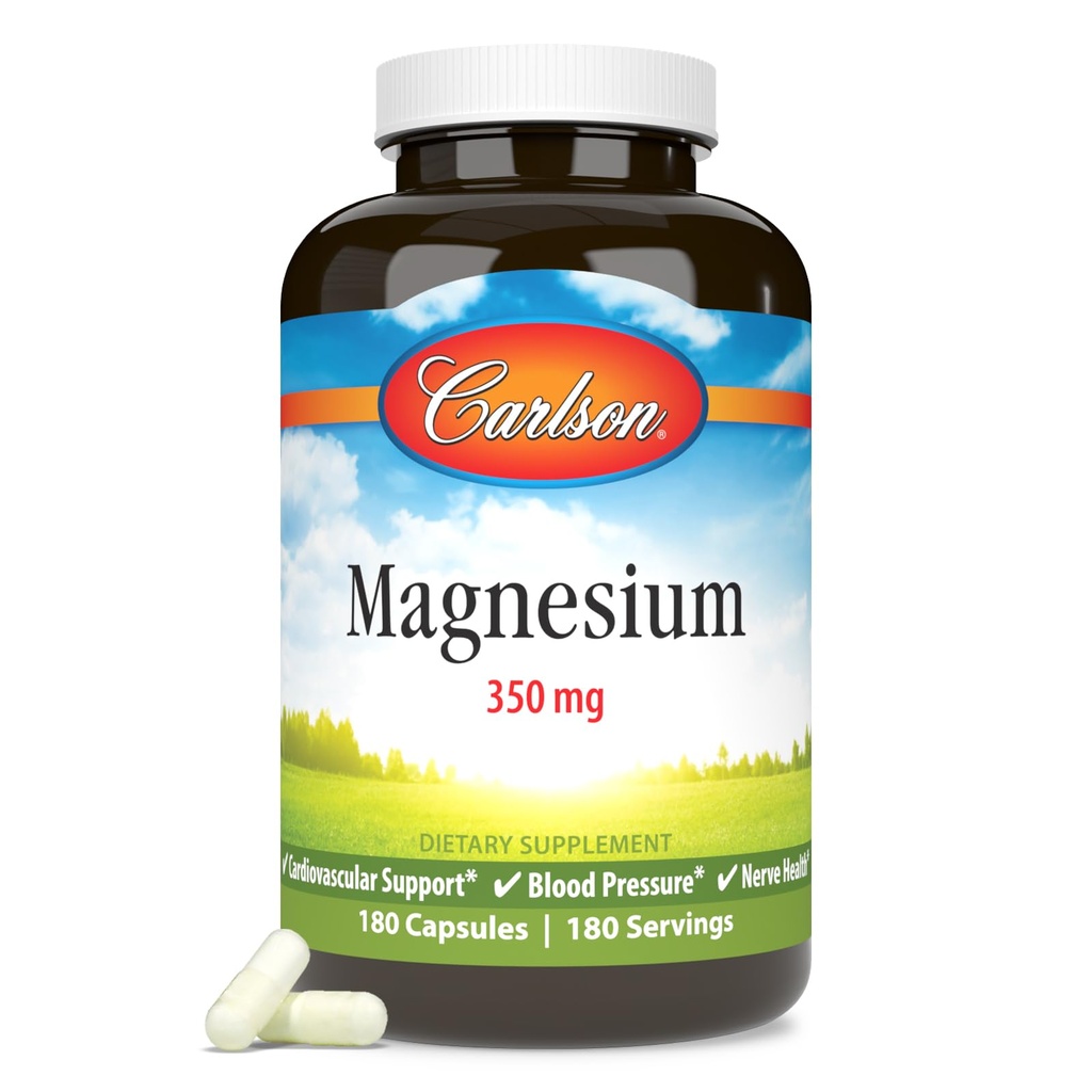 Carlson - magnijs, 350 mg, sirds un asinsvadu balsts, muskuļu funkcija un nervu veselība, 180 kapsulas