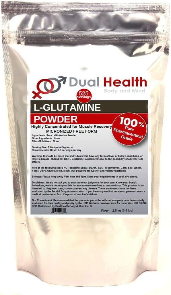 L-Glutamine (2.5kg - 2500g - 5.5 lbs) Pure Powder 5000mg Free Form Bulk Supplements, Made in USA, Immune Digestion GI Support Leaky Gut Health Muscle Energy Stamina Endurance Strength