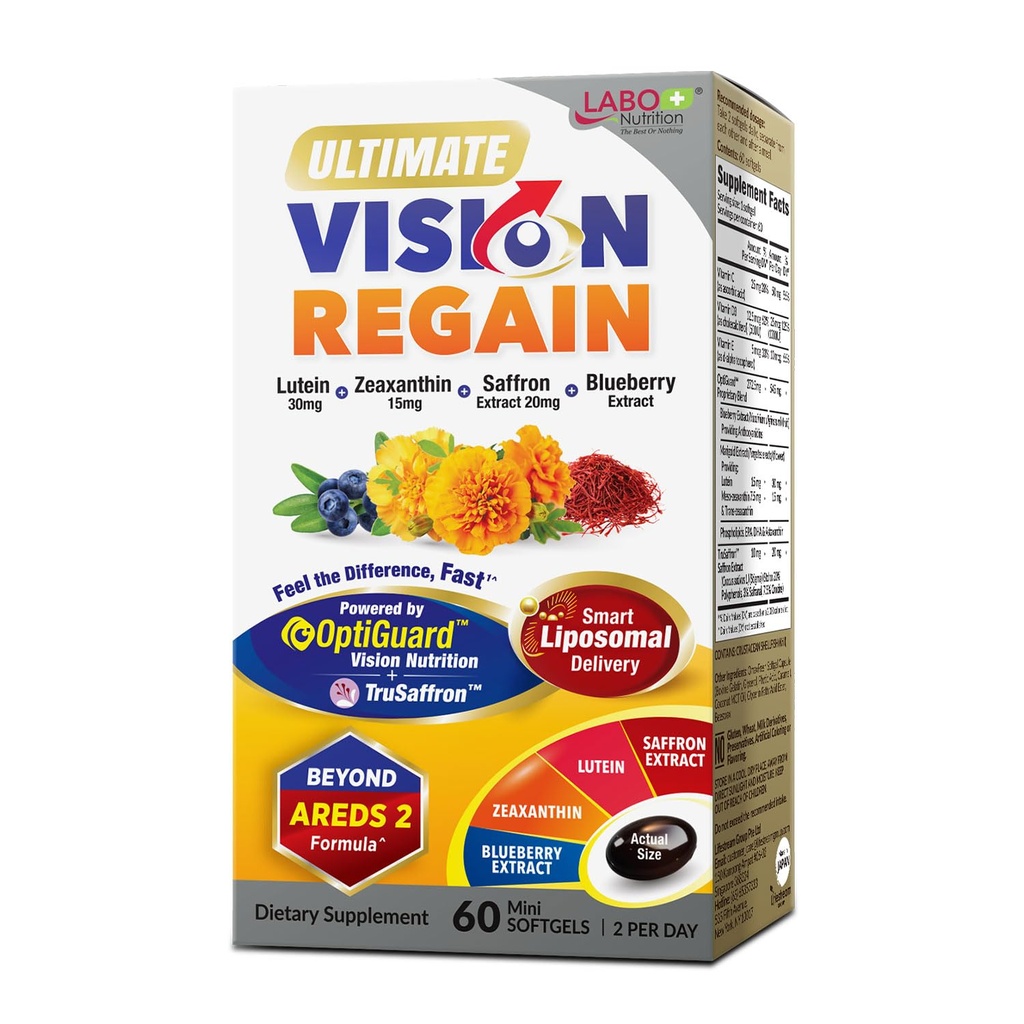 LABO Nutrition Ultimate VisionREGAIN, Acu vitamīns Beyond AREDS 2 Formula ar luteīnu, Zeaksantīnu, Safrona ekstraktu, melleņu makulas un tīklenes veselību, Acu nogurums, nakts redzamības atbalsts 60 grāfi