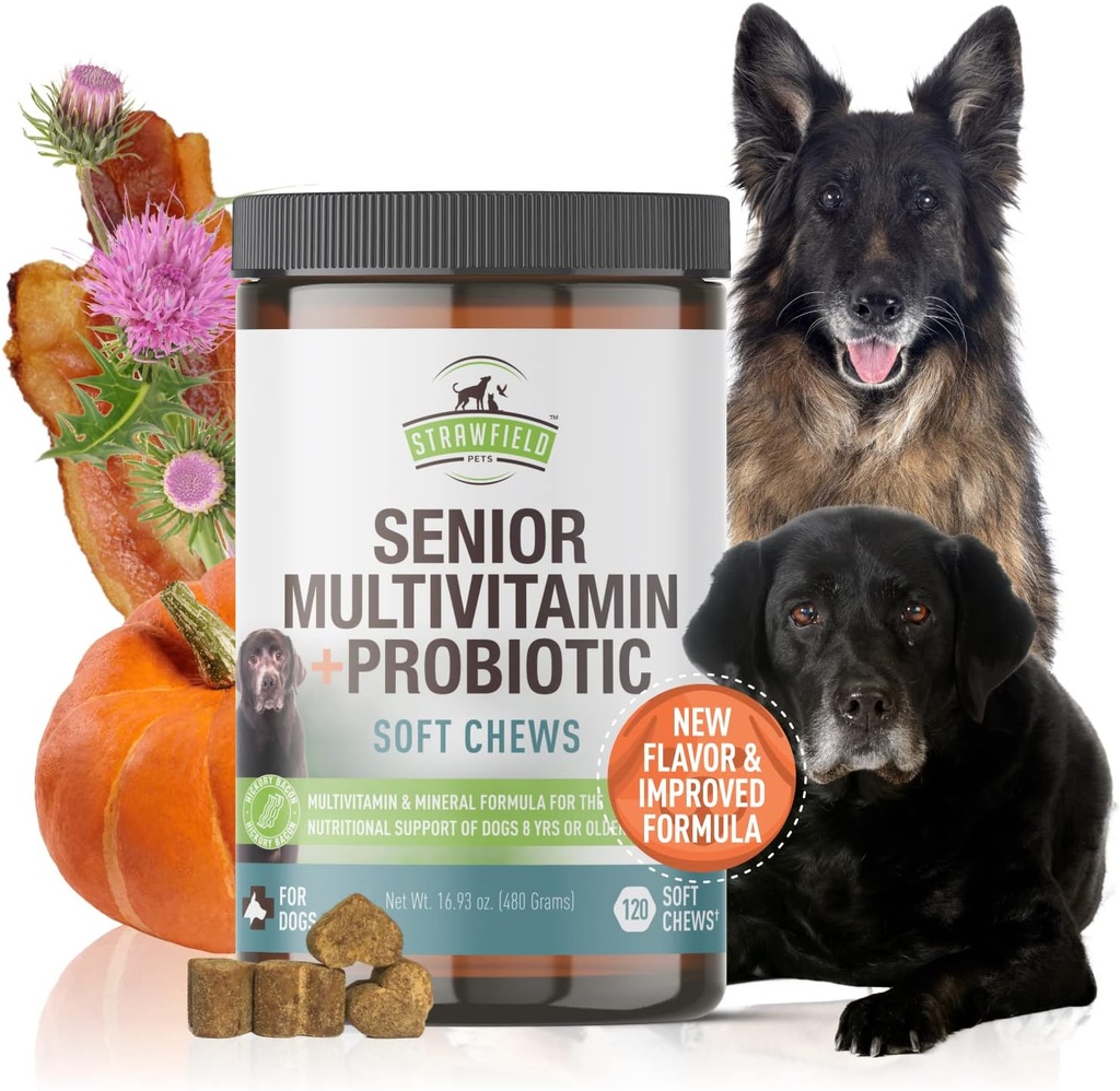 Strawfield Mājdzīvnieki vecākais Multivitamīnu + Probiotikas suņiem ar pienu Thirtle locītavu atbalsta papildinājums suņiem Bacon Flavor 120 Soft Chews