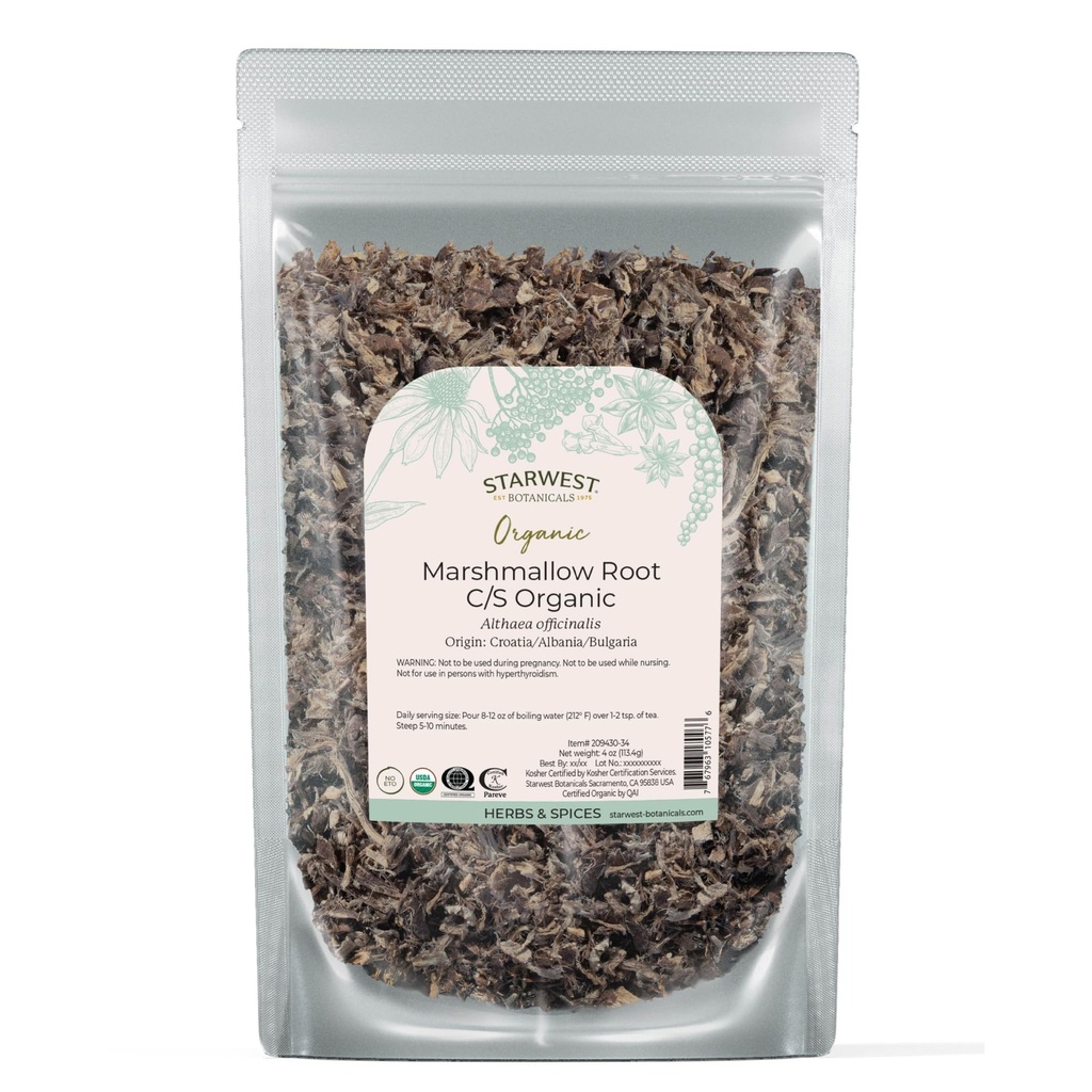 Zvaigznes Botānika Organic Marshmallow Sakne - žāvēts garšaugs tējai, Loose Leaf Saknes Ārstniecības augi, Cut & Sifted, Sertificēts Kosher, Nav GMO - 4oz Pouch