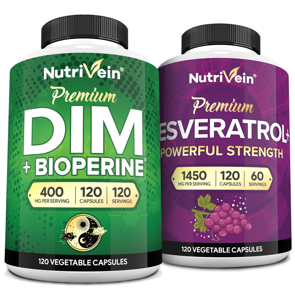 Nutrivein Premium Resveratrol kapsulas un DIM papildinājumu paka: High-Absorbtion Resveratrol Papildinājums un DIM reģenerācijai, līdzsvars, un Vitalitāte