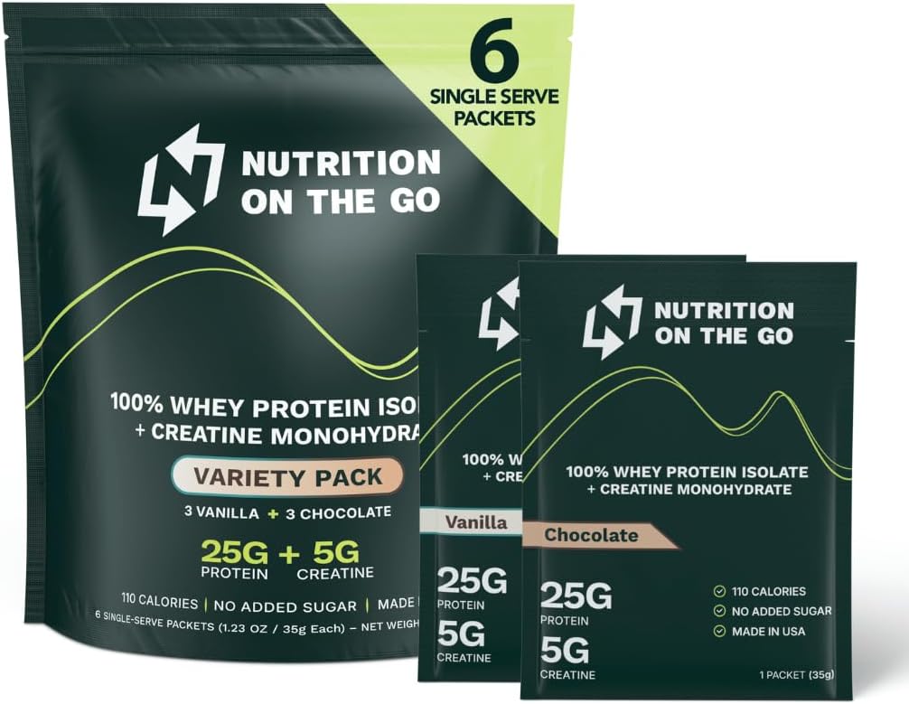 Uzturs uz Go Whey Olbaltumvielas Izolāts Paketes ar kreatīnu – 25g Olbaltumvielas + 5g Kreatīns – viena serve Travel Olbaltumvielu pulveris - Variety Pack (Vanilla un šokolāde) (6-iepakojums)