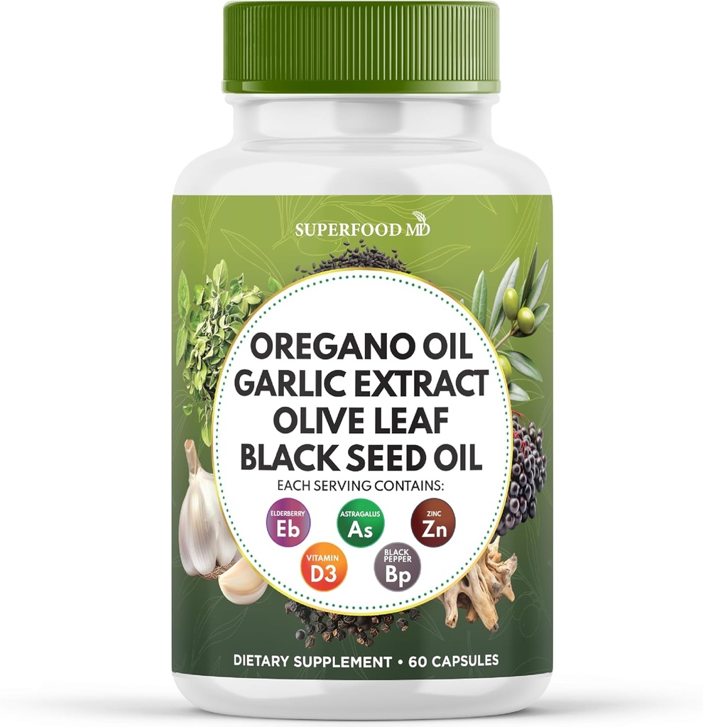 Superfood MD Oregano Oil Ķiploki Extract Olive Leaf Black Seed Oil Astragalus- sievietēm un vīriešiem- 60 grāfs