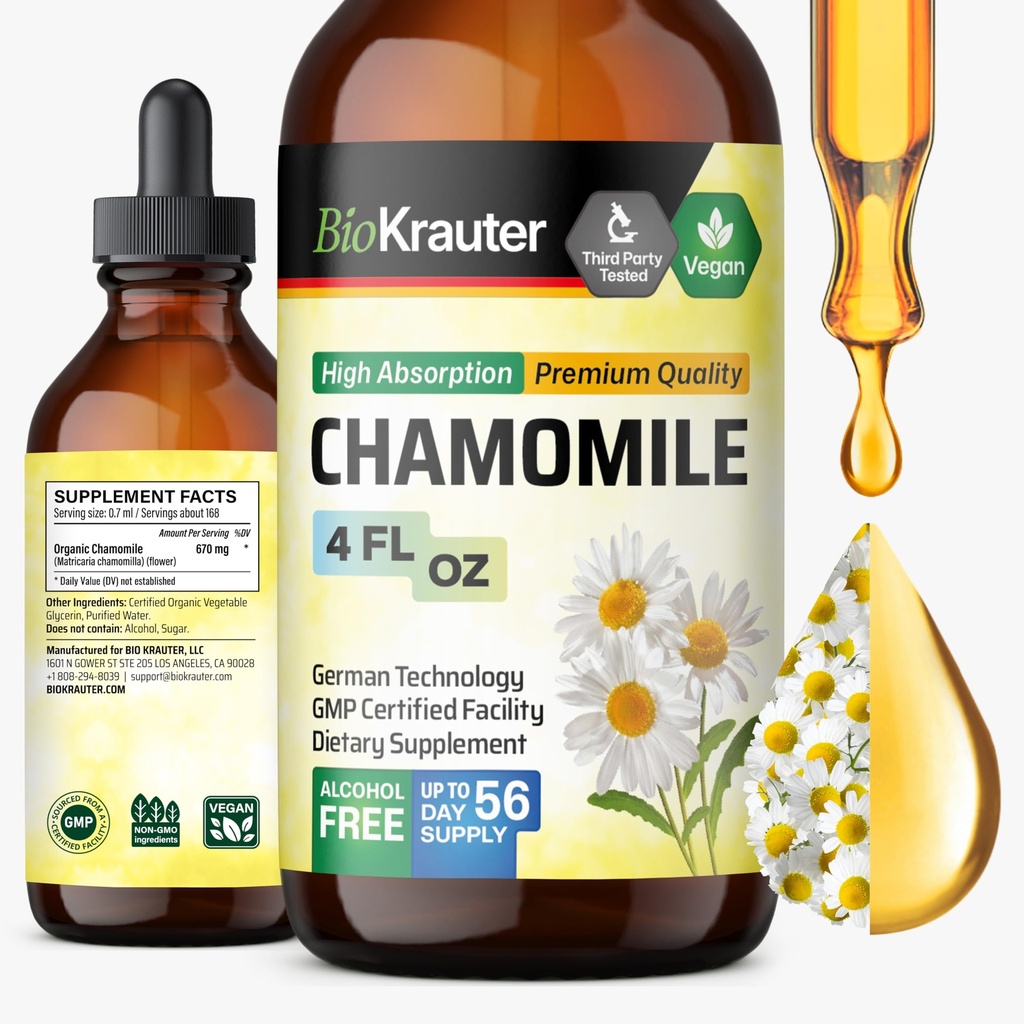 BIO KRAUTER Kumelīšu Tincture - kumelīšu ekstrakts - papildinājums relaksācijas un mierīgs atbalsts - Alkohols un bezcukurs - Vegan pilieni 4 Fl.Oz.