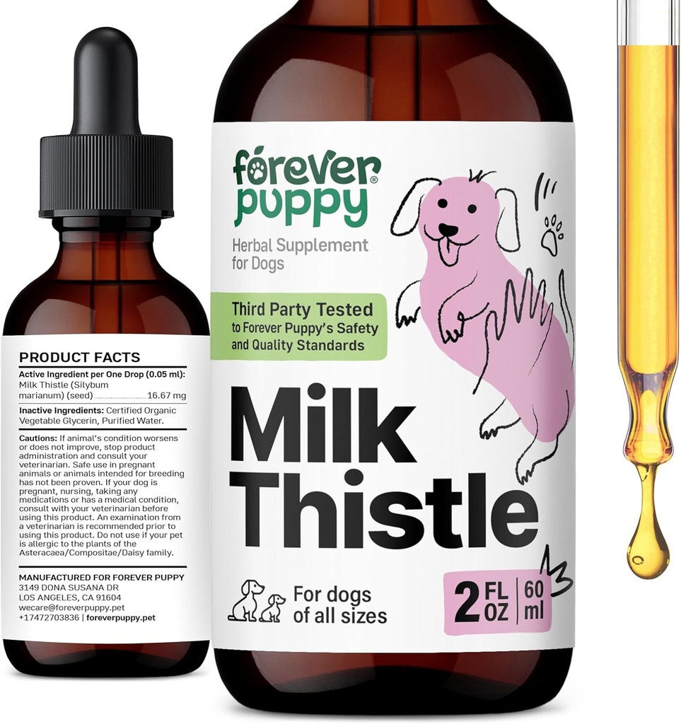 Forever Puppy Milk Thistle Papildinājums suņiem - Aknu Atbalsts suņiem ar pienu Thistle ekstrakts - Silymarin bagātinātāji un vitamīni maziem lieliem vidējas šķirnes - suņu aknu Detox pilieni - 2 oz