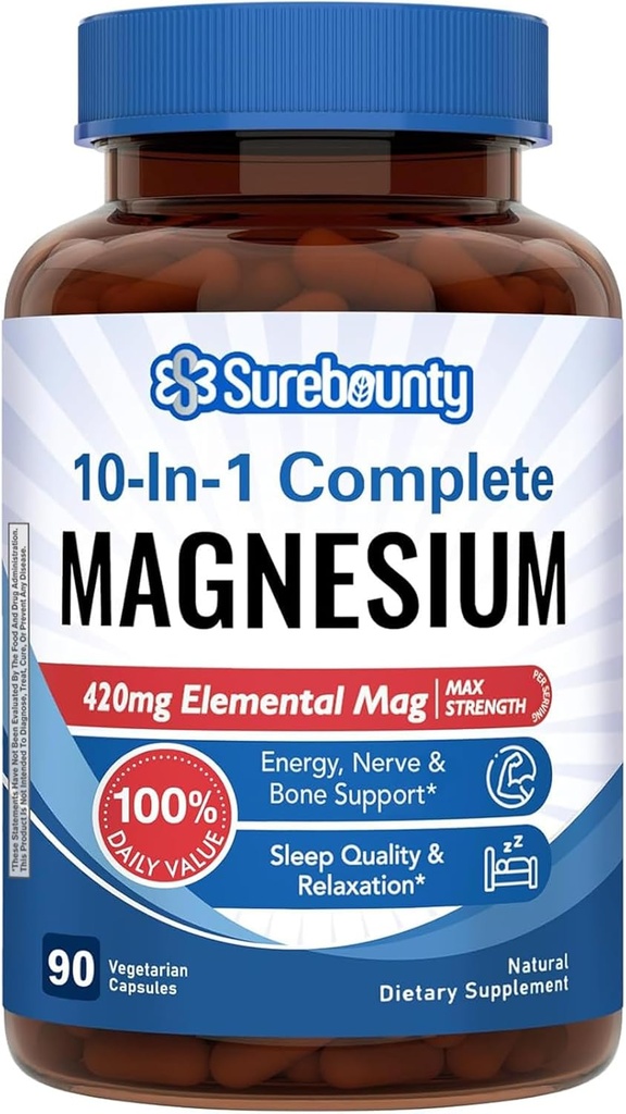 Magnija komplekss, 10-in-1 Formula, 420mg Elementālais Mag Per Servē, Magnija Glicināts, Malāts, Citrāts, Augsta Absorbcija, Kauli un Relaksācija, 90 Caps
