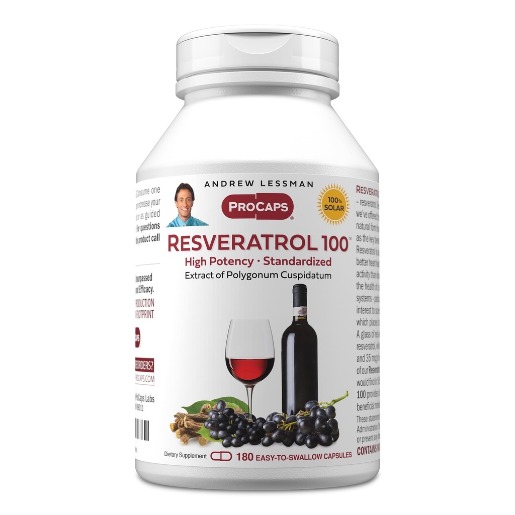 ANDREW LESSMAN Resveratrol-100mg - 180 Kapsulas - Sarkanā vīna labvēlīgais, dabiski okupēts antioksidants, bez alkohola. Bez piedevas