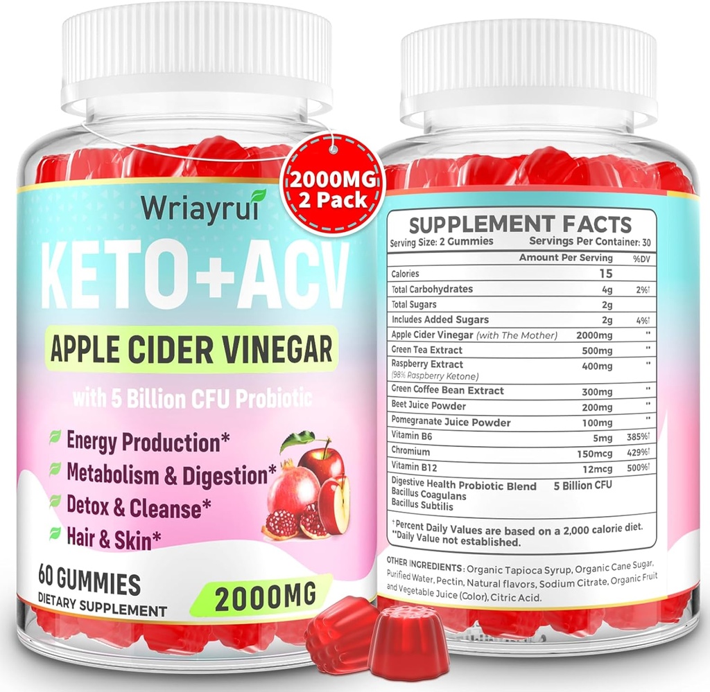 Keto ACV Gumijas ar probiotikām & vitamīns B12, 2000mg Ābolu sidra Etiķis Gumijas ar māti, Metabolismam, Gremošanas, Detox & Tīrīšana, Bez cukura, Vegan-Draudzīgi, 120 Gumijas