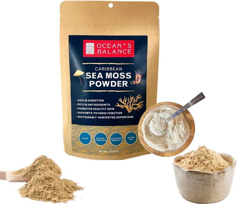 Ocean's Balance Clean Taste of Maine Sea Moss Powder (4oz) - Raw, Wildcrafted, Premium Quality - Atbalsta Detox, Gremošanas veselība, Imūnsistēma, āda un mati pēc dabas izvēle
