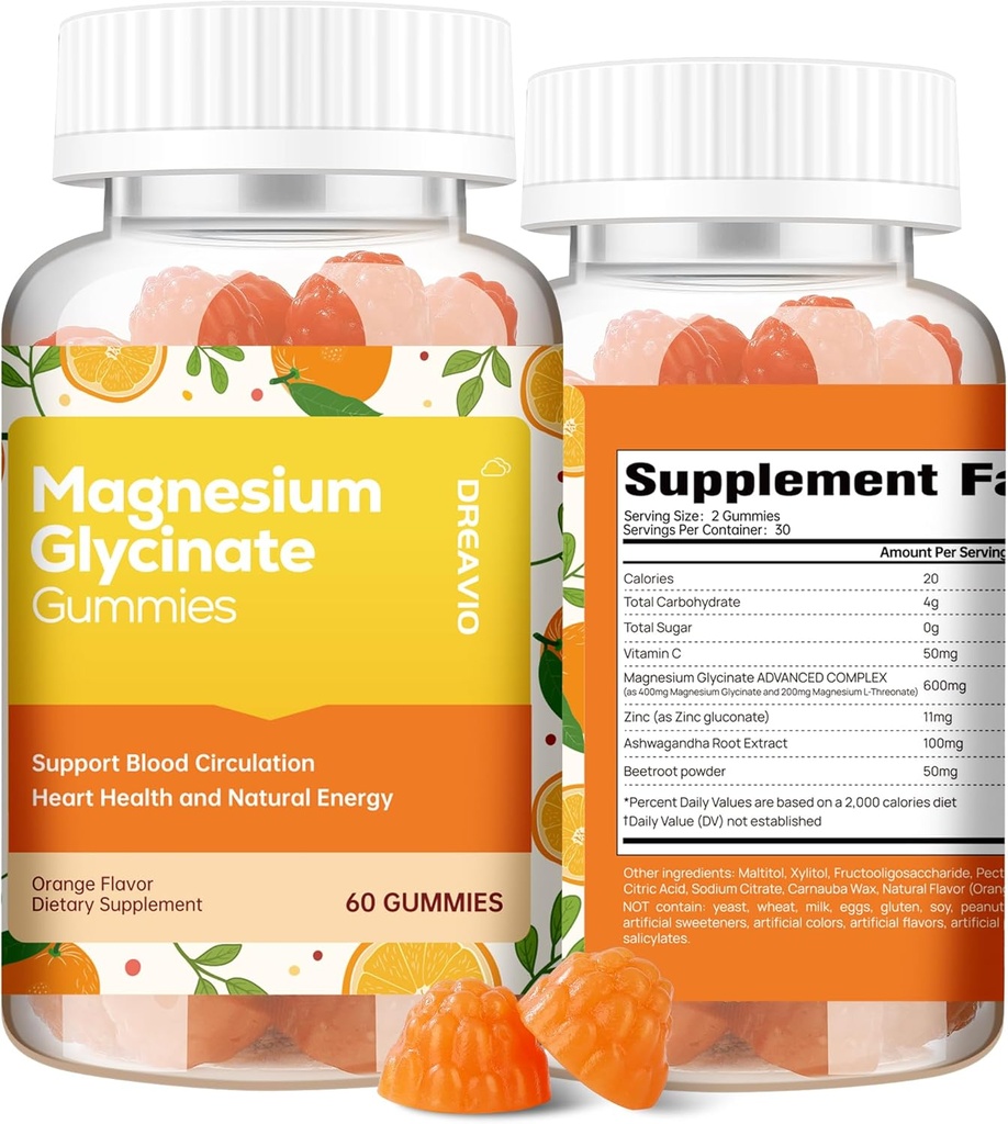 60 Skaitīt Magnija Glicināt Gumies 400mg w/Ashwagandha Papildinājums - Bezcukura Cinka Magnija Glicināt Papildinājums Ashwagandha Gummes pieaugušajiem