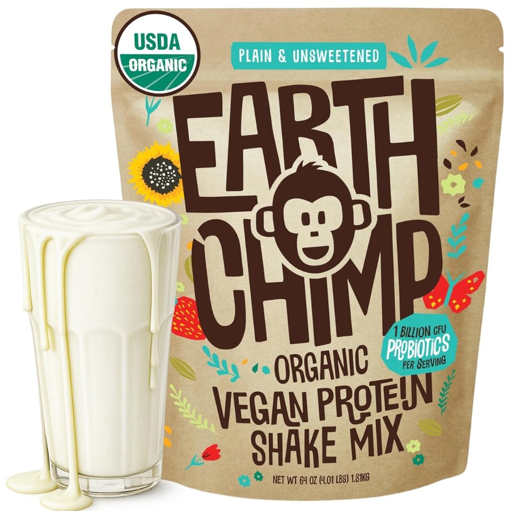 EarthChimp Organic Vegan Protein Pulveris - ar probiotikām - ne ĢMO, bez piena, non Shey, augu izcelsmes olbaltumvielu pulveris sievietēm un vīriešiem, bez lipekļa - 52 Kalpo, 64 Oz (Plain & nesaldināts)