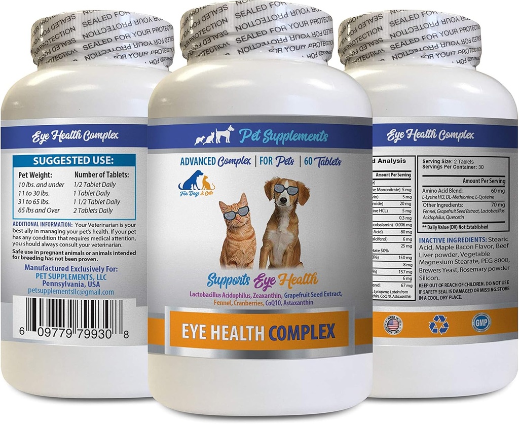 Suņi Acu vitamīni - PET Acu veselības komplekss - Suņi un kaķi - Atbalsta Acu redze - astaksantīns suņiem, Acu redze papildinājums suņiem un kaķiem, Acu veselība Vitamīni Luteīns un zeaksantīns 1Bot 60Tabs