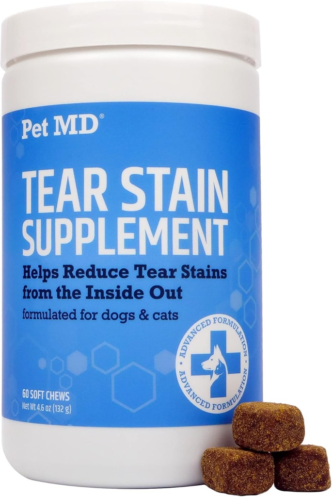 Pet MD Tear Stain Remomer suņiem un kaķiem - Antioksidants acu kopšanas papildterapijai ar luteīnu, dzērvenēm, & Omega 3 & 6 - Kaķu un suņu tear Stain Remoper Koši baltai un gaišai kažokādai - 60 ct