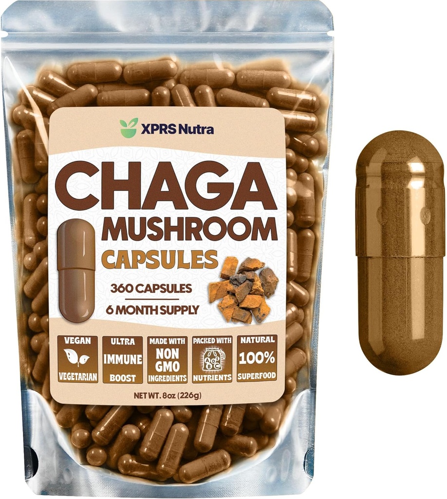 XPRS Nutra Chaga Sēņu kapsulas - Premium USDA Chaga Sēņu kapsulas - Iekapsulēta Chaga Sēņu pulveris Immunity Boost - Vegan Friendly Superfood Chaga tējai un dzērieniem - 360 Count