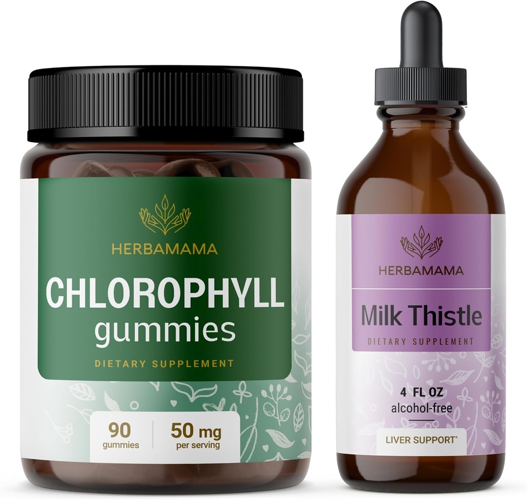 HERBAMA hlorofila un piena komplekts - 50 mg hlorofila gumiju un piena paciņas ekstrakts Tinktūra 4 fl oz - Vegāns, ne-ĢMO, cukurs un bezalkohols - 2 iepakojumi