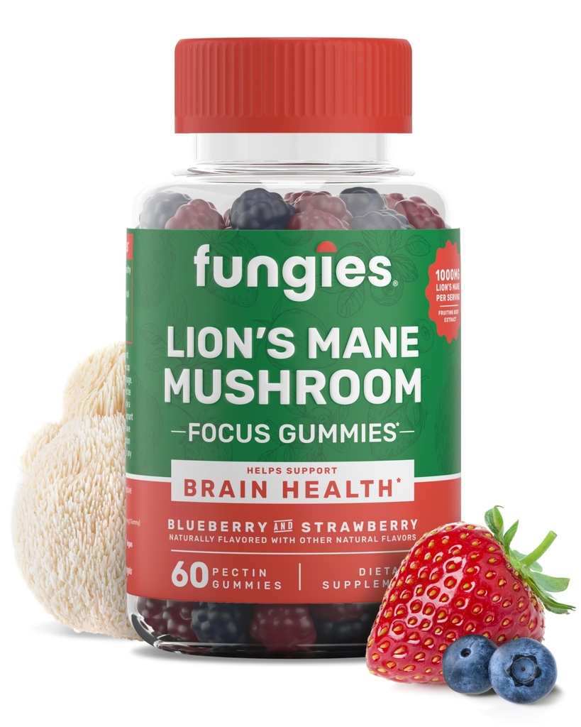 Fungies Lion's Mane Mushroom Gumies, Jauktas Mellenes un Zemeņu Flavor - Sēņu Papildspēle pieaugušajiem un bērniem Atbalsta smadzeņu veselību, Kognitīvās funkcijas, Focus, Memory & Mood, 60 Servējumi