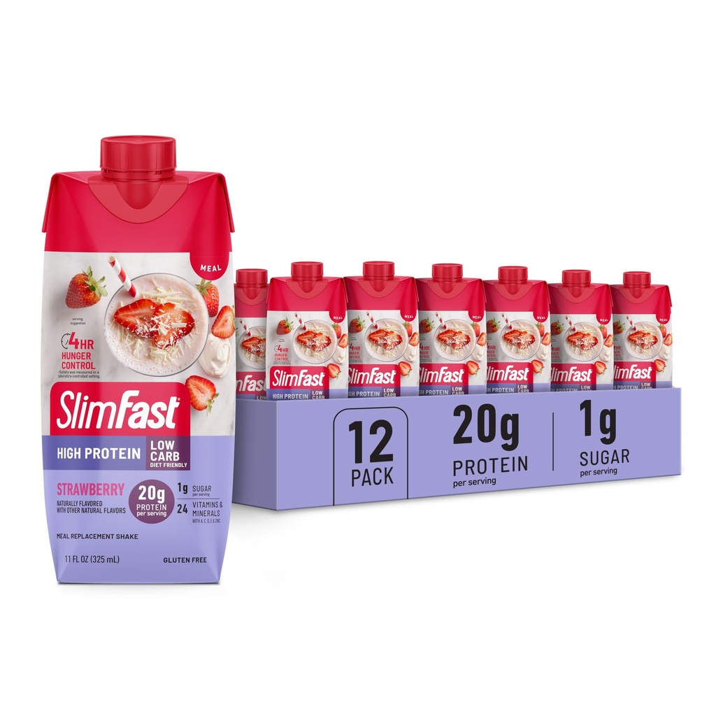 SlimFast Protein Shake, Strawberry- 20g Protein, Ēdienu nomaiņa Shake gatavs dzeršanai, High Protein with Low Carb un zema cukura, 24 Vitamīni un minerālvielas, 12 skaitīšanas (1. iepakojumā) (iepakojums May Vary)