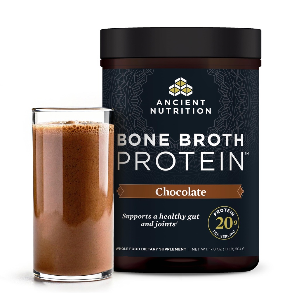 Ancient Nutrition Protein pulveris izgatavots no Real Kaulu Broth, Šokolāde, 20g Protein Per Serving, 20 Kalpo kauliņu, bez lipekļa Hidrolizēts kolagēna peptīdi papildinājums, Great in Protein Shakes