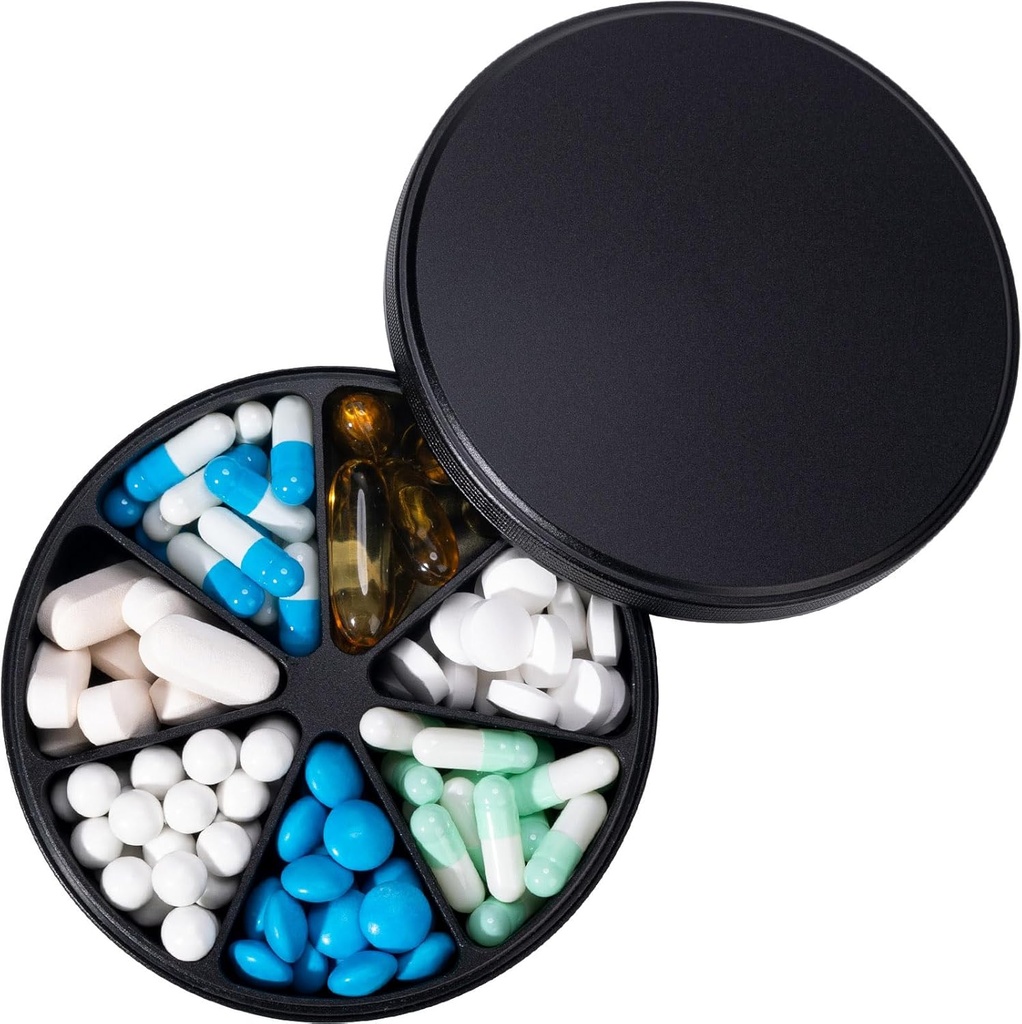 Metāla Pill Dispenser Pill Organizators ar 7 iecirkņiem - Heavy Duty Anti-Mix Pill Konteiners, Liels ūdensnecaurlaidīgs Daily Pill kaste vitamīnu, medicīna, Papildinājums, Zivju eļļa, 0.39lb (melnā)