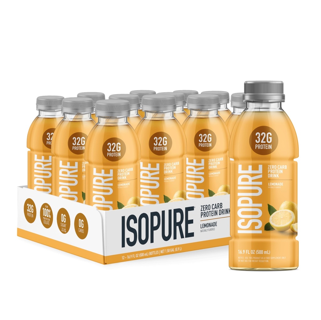 Izopurs Zero Carb 32g Dzidrs proteīns Gatavs lietošanai, sūkalu proteīns Izolāts, citronāde, 12 iepakojumi (iepakojums May Varary)