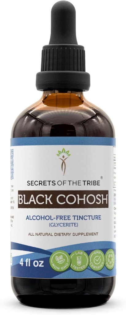 Secrets of the Tribe Black Cohosh Tincture Alkohola-free Extract, High-Potency Herbal Drops, Tincture Izgatavots no Responsīvi audzētas Black Cohosh (Cimicifuga Racemosa) Kaltētas saknes 4 un