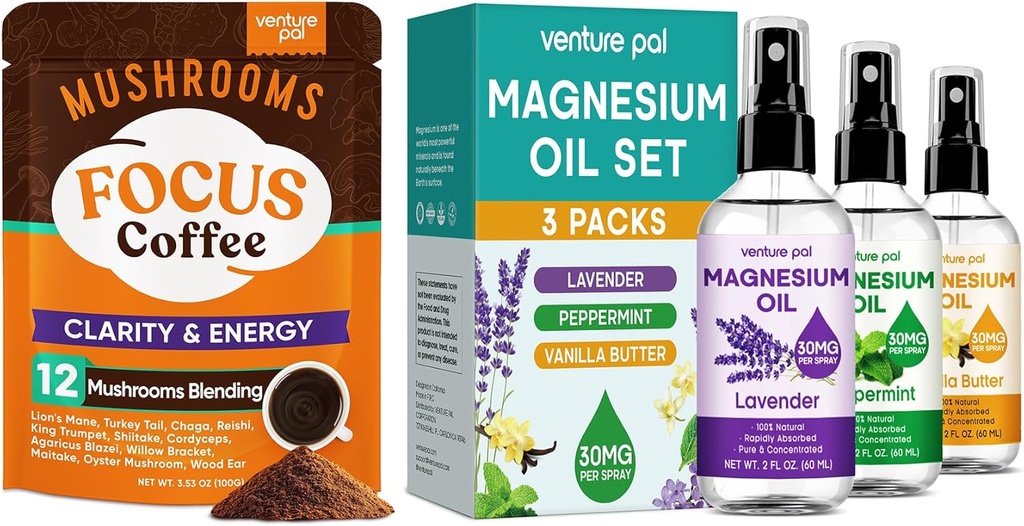 Venture Pal Mushroom Coffee & Magny Oil Spray Bandle: 12 in 1 Kafija ar Ashwagandha priekš Focus & Immunity + 3 Iepakojumi Pure Magnija Spray relaksācijai, Miega un muskuļu atvieglojums - 40 Pasniedz