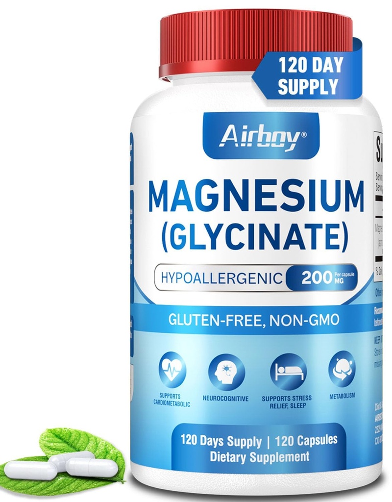 Airboy Magnijs Glycinate 200 mg, Labākais magnija glicināts miegā,120 Vegan Mazas kapsulas, Augsta Absorbcija Atbalsta Relaksācija, Miega un Calt Mood, Ne-GMO un Nav Gluten