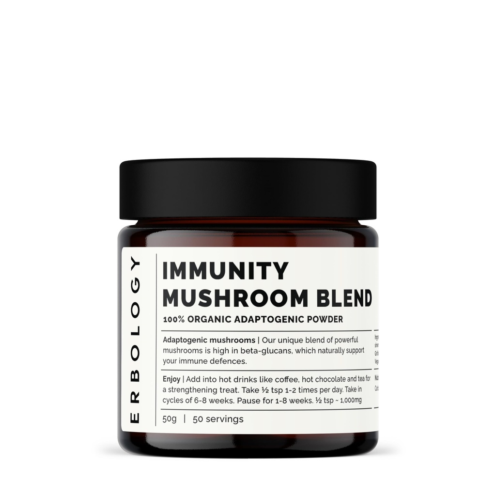 Erbology Organic Immunity Sēņu komplekss 50 Kalpojumi - Augsti beta-glikāniem - Reishi, Cordyceps, Lion's Mane, Turcija Aste - Ilgtspējīgi Aug Eiropā - Vegan - Non-GMO - Nav Pievienots Filers