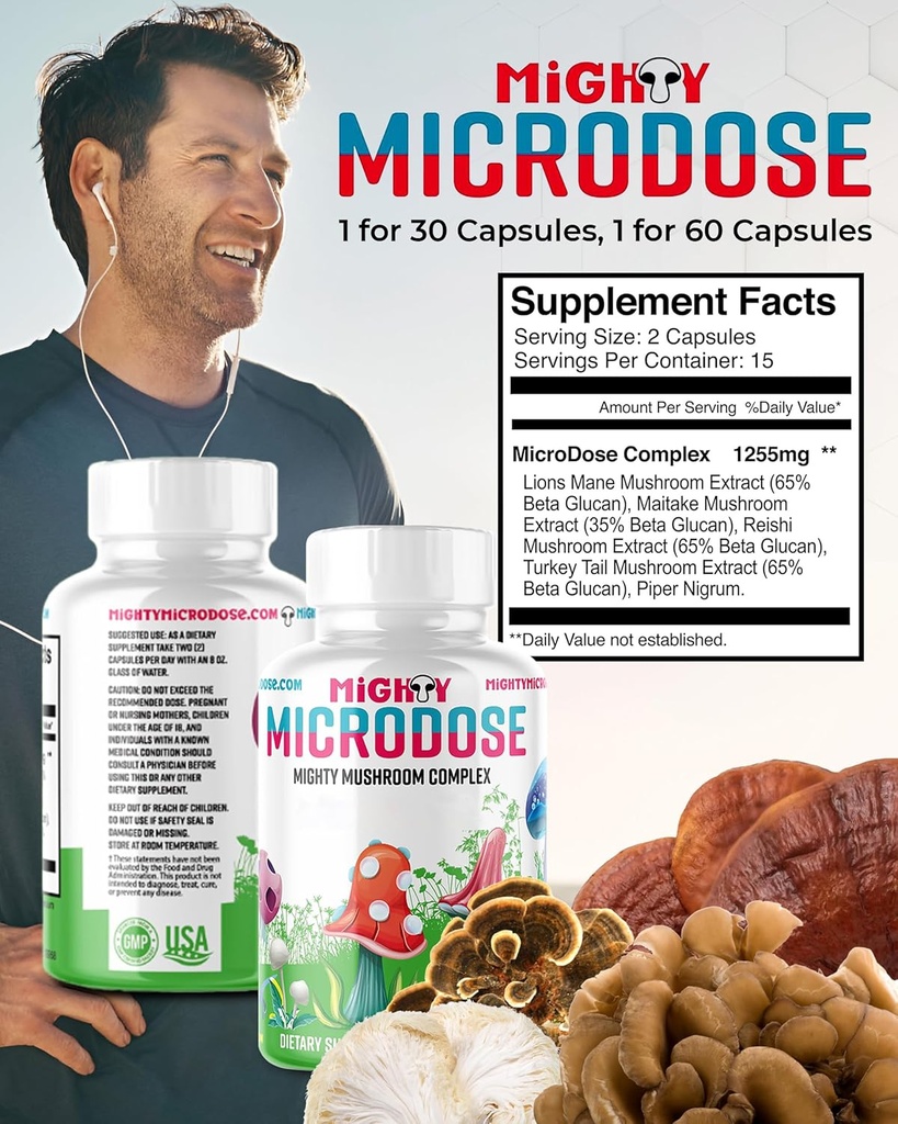 5-Mushroom Nootropic Blend - 60 kapsulas, Turcija Aste, Reishi, Maitake Sēņu ekstrakts ar augstu beta-glikonu, & Lion Mane Sēņu papildkapsules, Funkcionālās sēņu piedevas